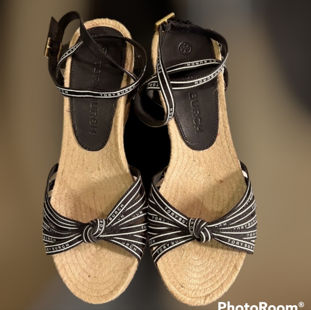 Tory Burch Women's Sz.8.5 Ribbon Wedge Espandrille Grossgrain Sandals Navy/Ivory